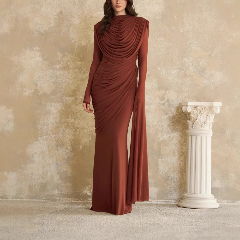 Solid Draped Neckline Long Dress Women Elegant Full Sleeve Cinched-waist Pleated Bodycon Robe 2026 Lady Chic Evening Dinner Gown