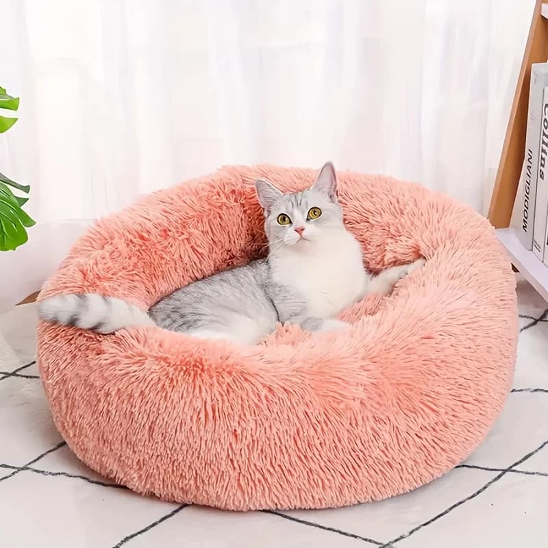 1 comoda cuccia per animali domestici in peluche a righe, adatta per cani e gatti, calda, cuccia rotonda per sonni profondi, imbottita, grigia, morbida, per interni