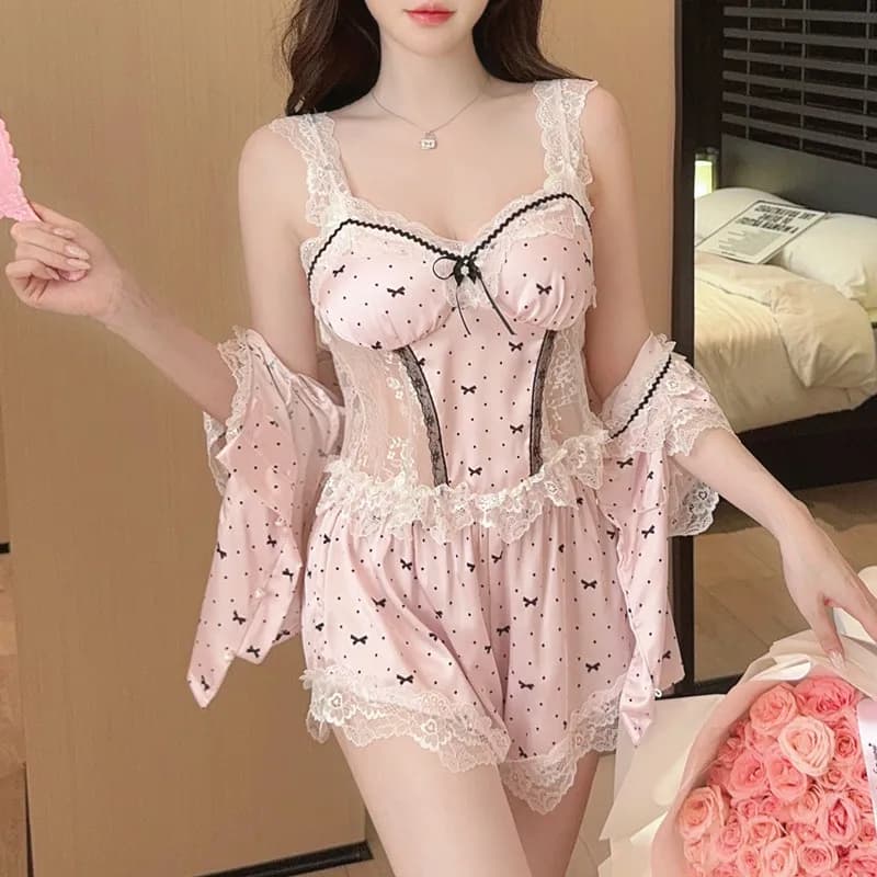 Pigiama da donna in seta di ghiaccio a pois, set di pantaloncini sexy con bretelle e pettorali, set di quattro pezzi primaverili e autunnali