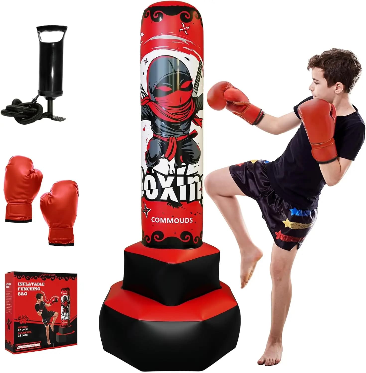 Sacco da Boxe Gonfiabile da 67 Pollici per Bambini dai 6 ai 14 Anni con Guanti, Rimbalzo Rapido per Allenamento Karate Taekwondo MMA, Regalo di Compleanno