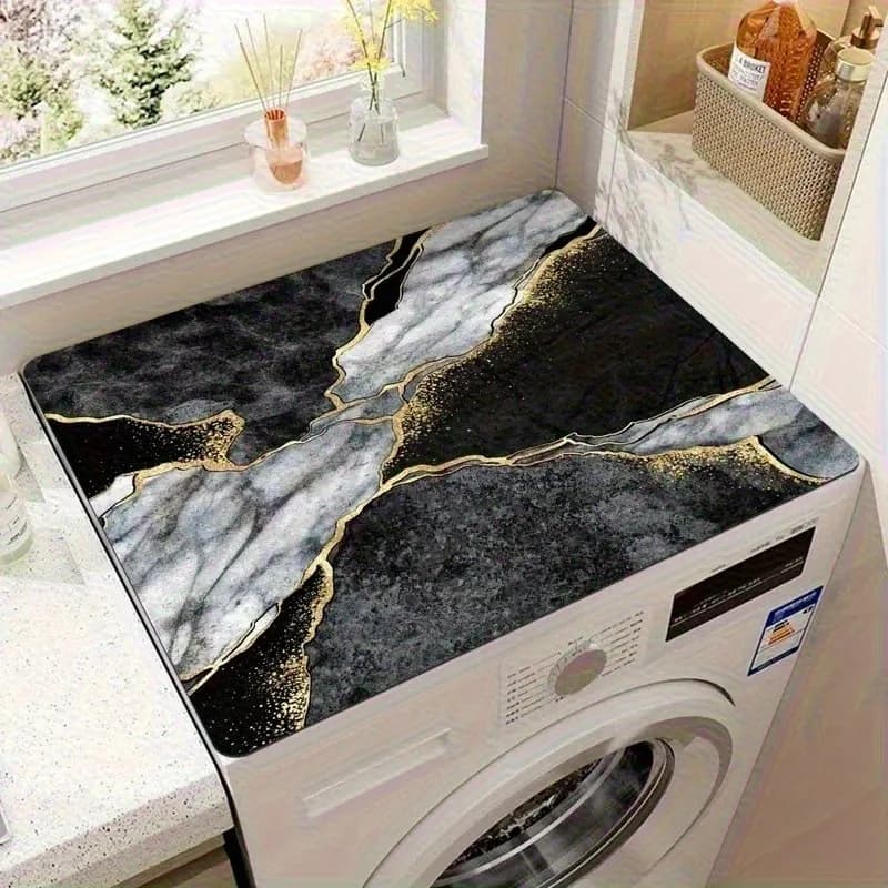VIKAMA Light Luxury Black Gold Gilt Marble-Patterned Washing Machine Cover Pad, Suction Drum Washing Machine Dust Pad