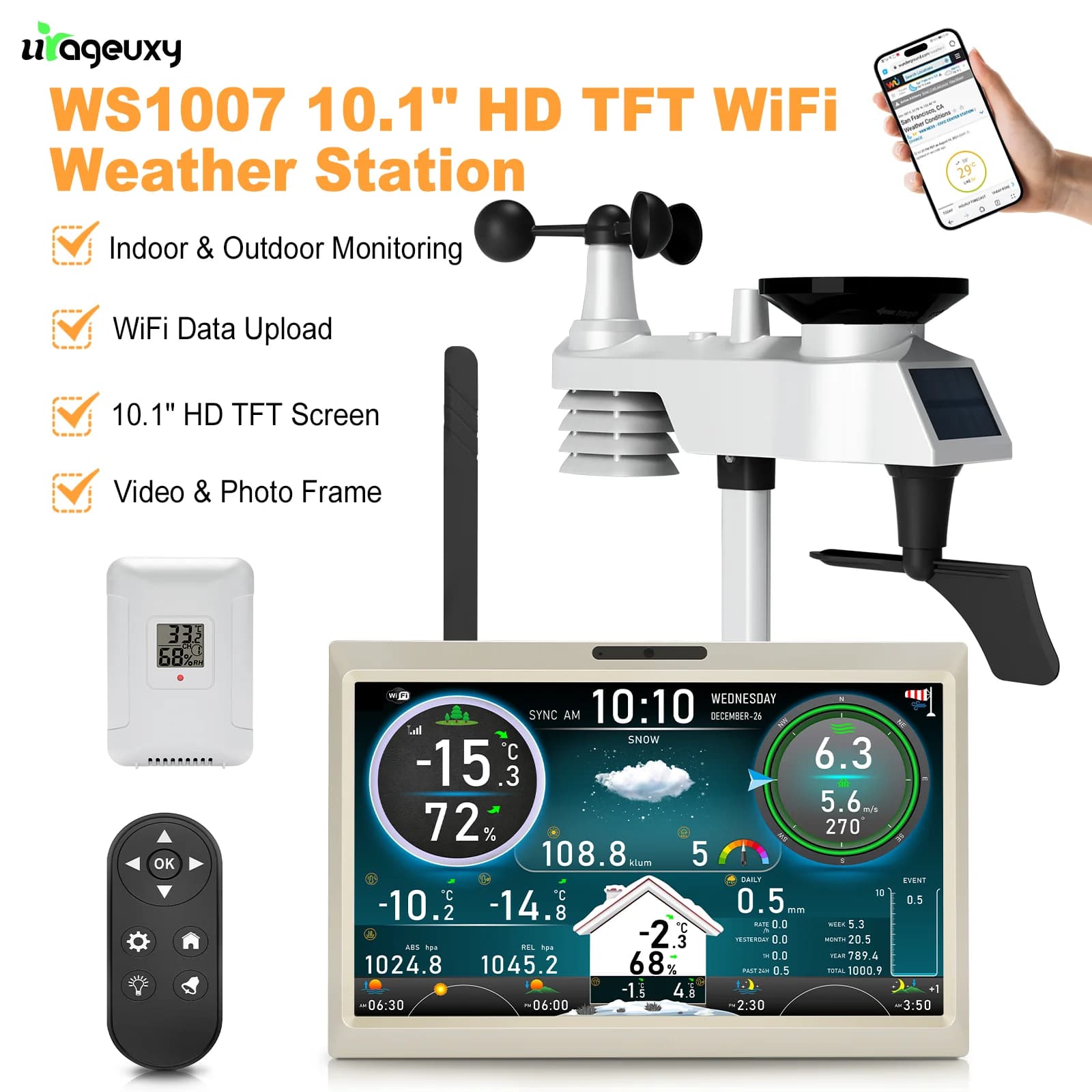 Stazione Meteo WiFi 7-in-1 da 10.1" HD TFT per Interni ed Esterni con Sensore, Alimentazione Solare, Caricamento Dati, Cornice Foto/Video e Controllo Remoto - Modello 2026