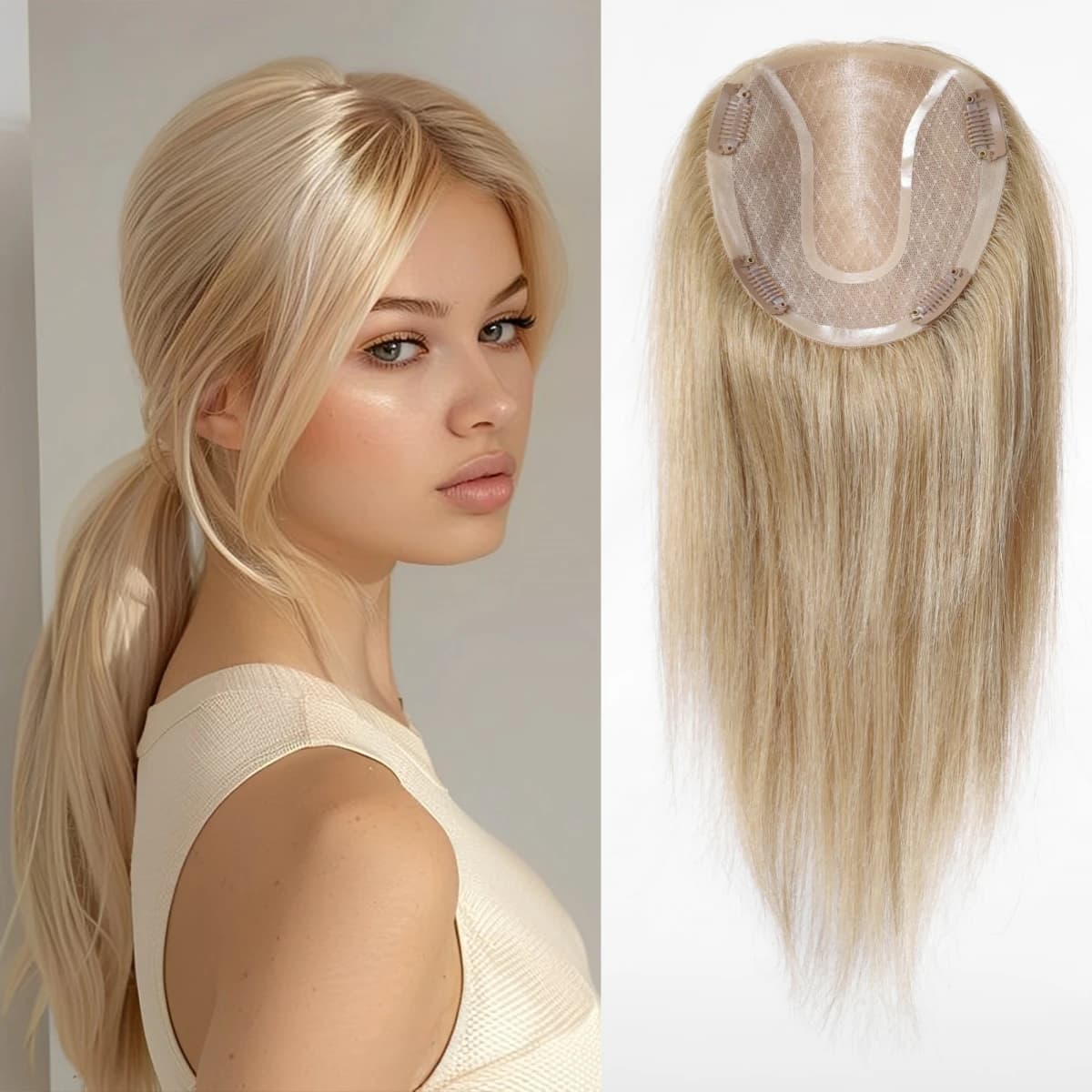 14inch Gray Blonde Mono Lace Base Human Hair Toppers for Women 4 Clips Pieces with Thinning Hair Natural Real Human Hair Toppers