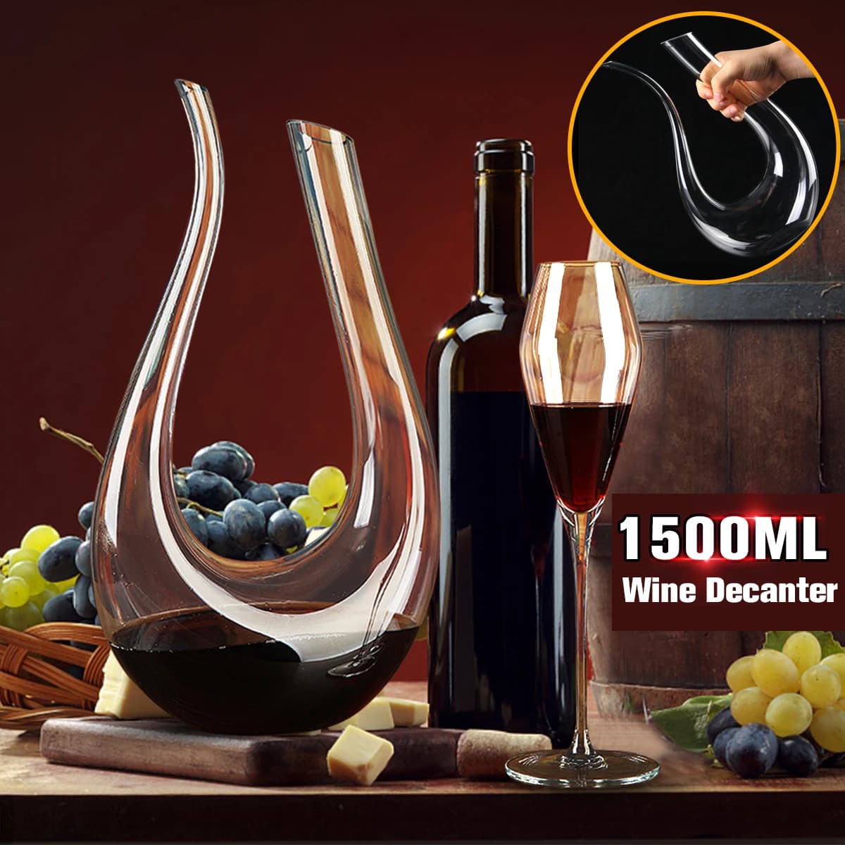 Decanter per vino in corno a forma di U da 1500 ml, vino di cristallo fatto a mano, bicchieri da champagne, decanter, bottiglia, brocca, versatore, aeratore per la famiglia