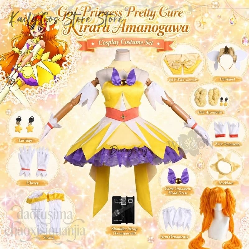 Gioco Anime Go! Costume da Principessa Pretty Cure, Kirara Amanogawa Mahou Shoujo, Abito Giallo Y2K, Parrucche Dolci e Carine in Stile Lolita per Halloween