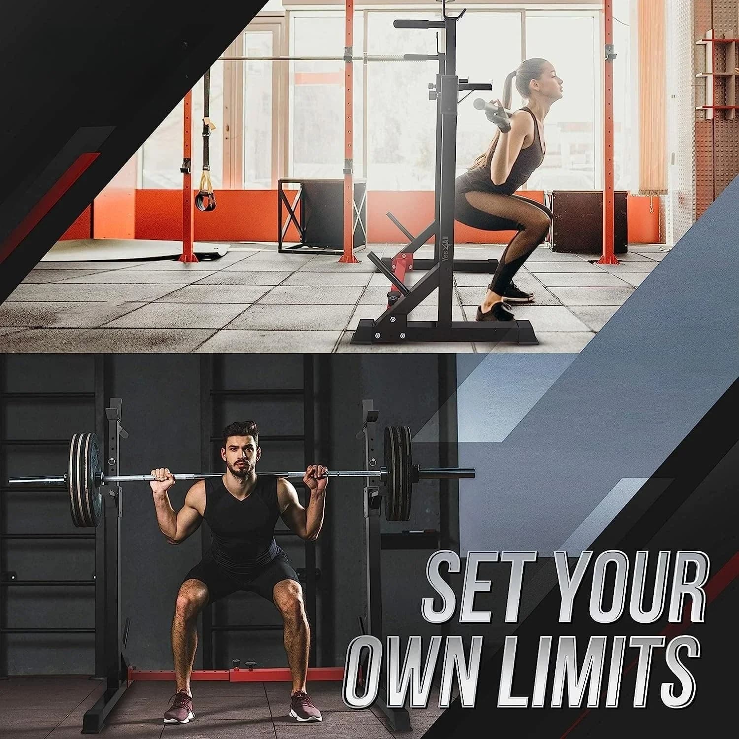 Squat rack for home gym, adjustable barbell support, multifunction weight lifting, weight plate storage - Up to 600 pounds