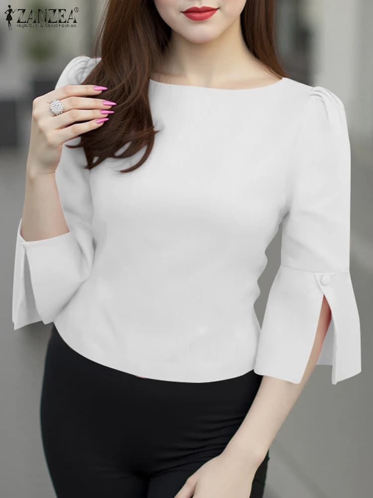 Fashion Shirts ZANZEA Elegant Lady Tops Women Office Solid Blouse 2025 Summer Puff Sleeve Split Tunic Casual Blusas Streetwear
