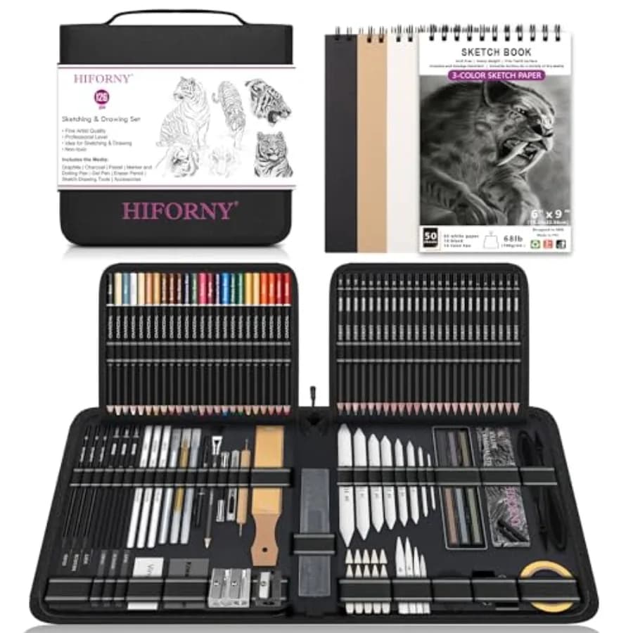 126 PCS Drawing Kit Sketching Pencil Set, Sketch Pencils Art Supplies with 3-Color Sketchbook, Graphite, Charcoal, Blending Too