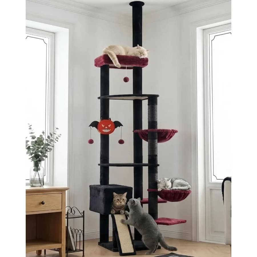 Albero per gatti 92,5-104,3 pollici con amaca, da terra a soffitto, a forma gotica, con torre da arrampicata alta e tiragraffi regolabile