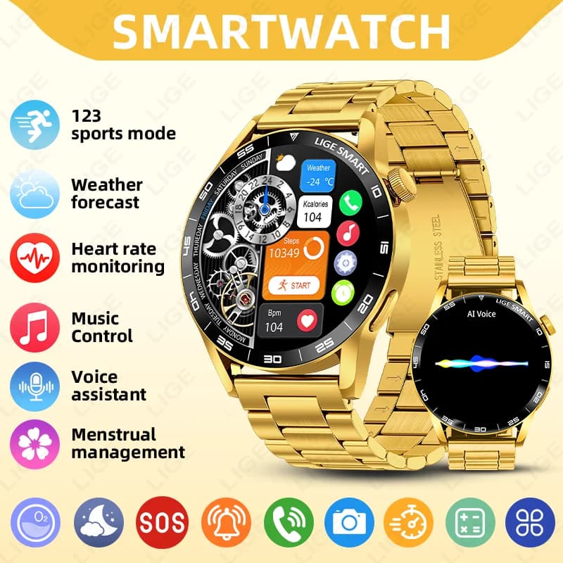 LIGE Orologio Smart di Lusso per Uomo, Monitoraggio Frequenza Cardiaca, Ossigeno nel Sangue, Sonno, Chiamate Bluetooth, Assistente Vocale, Smartwatch per Donne d'Affari