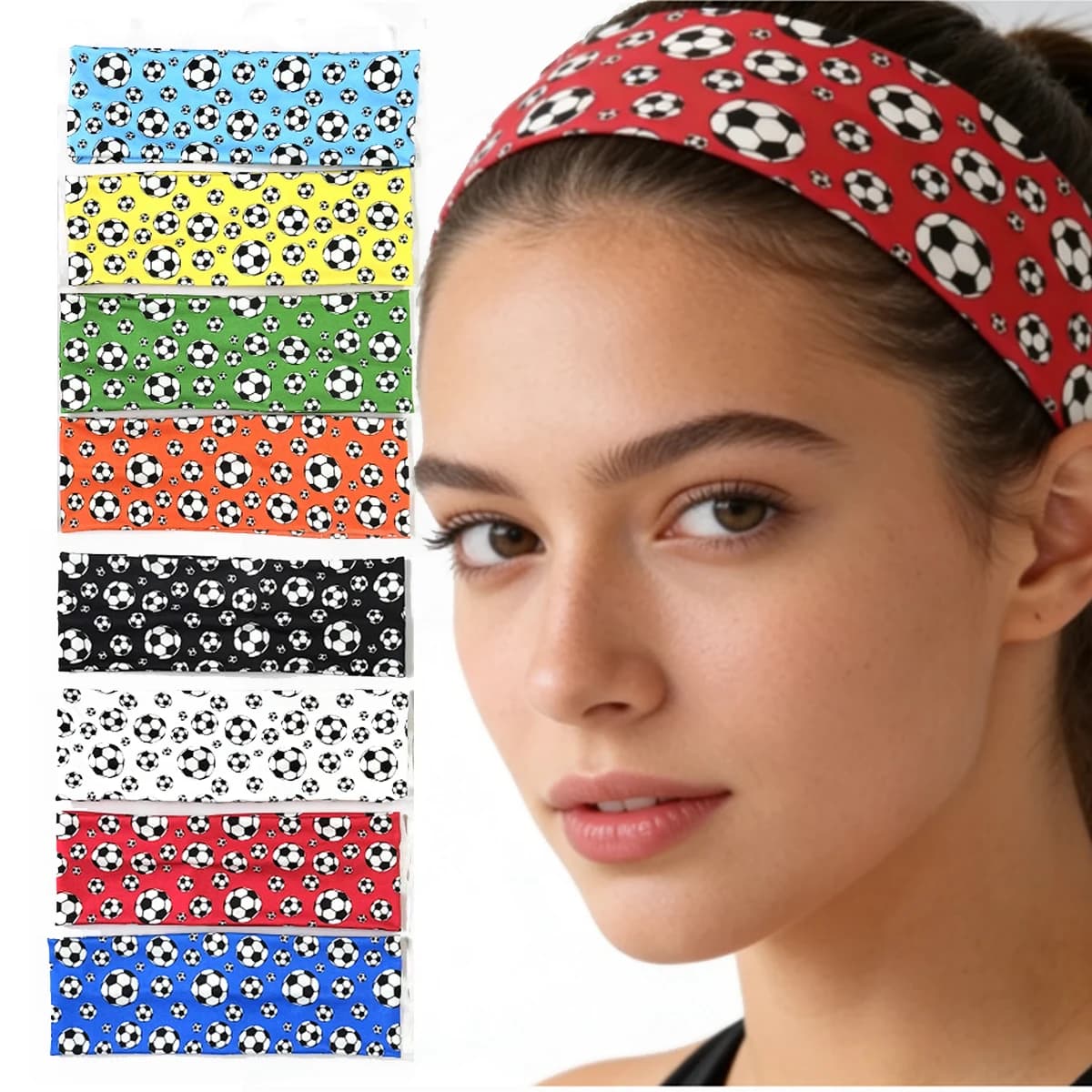 Fascia per capelli sportiva con stampa calcio, fascia assorbi-sudore per allenamento da uomo e donna, accessorio per capelli a tema calcio per palestra e yoga