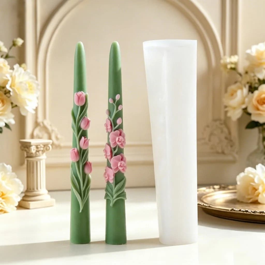 Long Pole Flower Taper Candle Silicone Mold 3D Embossed Tulip Orchid Mould for Soy Wax Candle Making Home Decor Gift