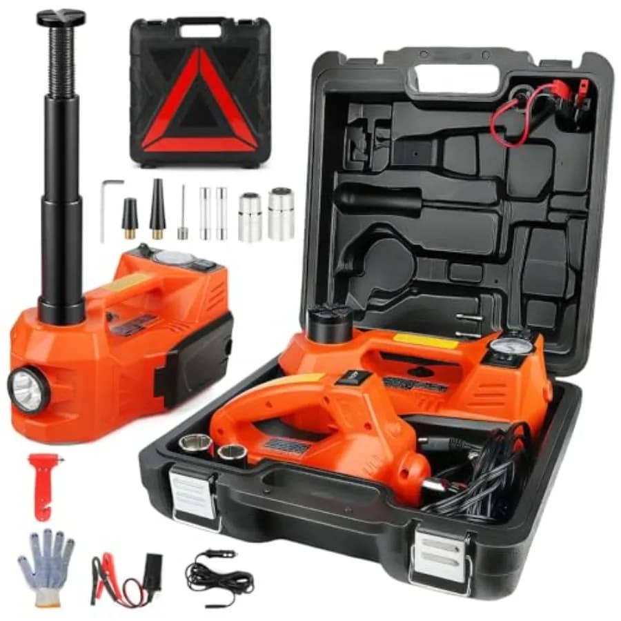 Martinetto Elettrico per Auto 5 Tonnellate Idraulico con Chiave a Impatto Elettrica, Gonfiatore Pneumatici e Luce LED, Altezza di Sollevamento 6.1-17.7 Pollici