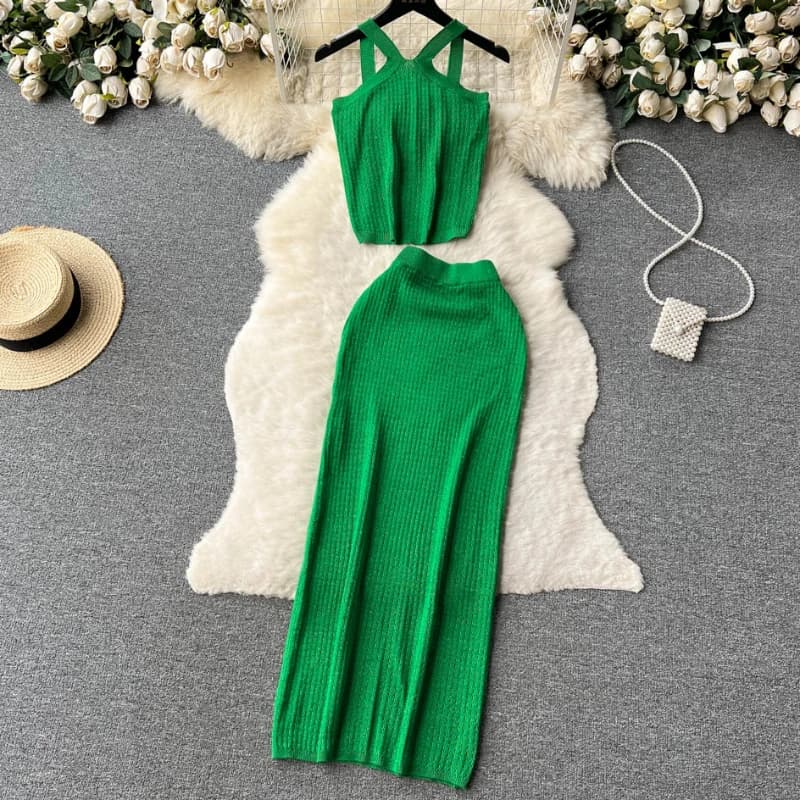 Shining blingbling Summer Women Knit set di due pezzi Sexy Spaghetti Strap Short Crop Top + gonna lunga elastica Solid Women Suits
