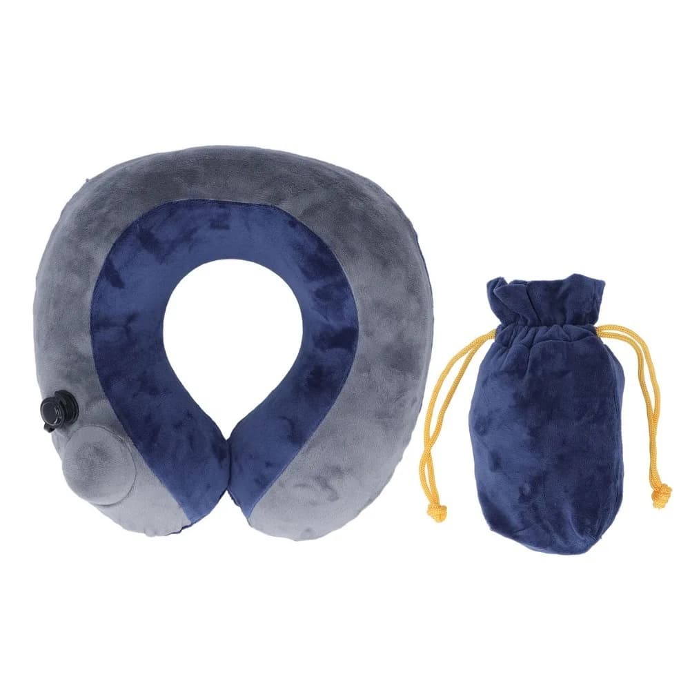 Cuscino da Viaggio Autogonfiabile Curvo a Forma di U con Borsa Portaoggetti, Supporto per il Collo Blu Scuro con Catena Grigia