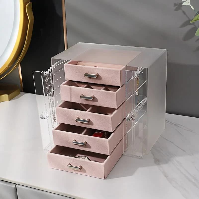 Acrylic Jewelry Box with Mirror, Multilayer Earrings Necklace Rings Organizer, Vanity Dresser Storage Case for Home Travel