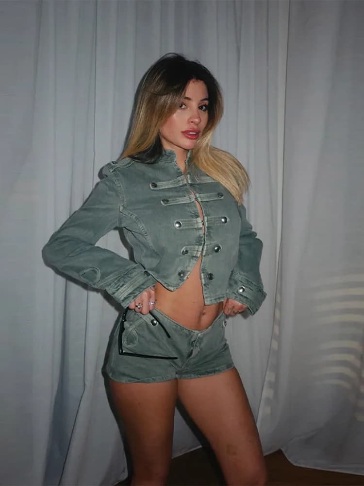 Sexy Denim Single Breasted Jacket Set Women Slim Full Sleeve Stand Collar Jackets Mini Shorts High Waist 2026 Autumn Lady New