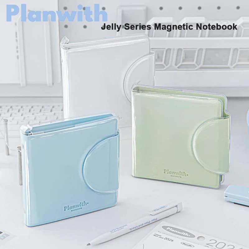 Planwith Jelly Magnetic Notebook 5-Ring Loose Leaf Journal Square PU Cover PVC Sleeve 62 Sheets Color Pages Gift Box Stationery