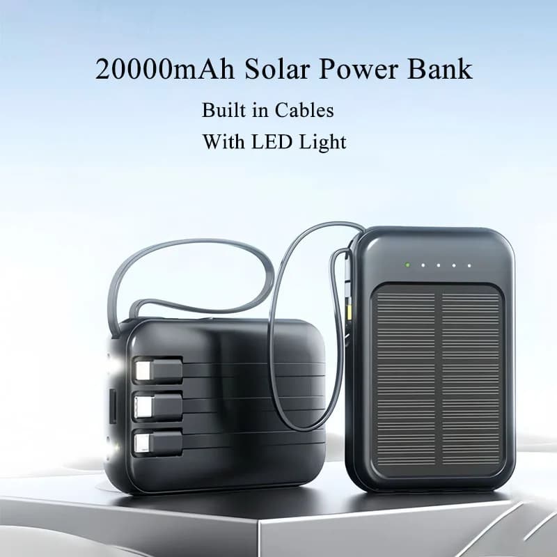 Caricabatteria esterno portatile con banca di energia solare da 20000 mAh con luce a LED integrata con 4 cavi Powerbank per iPhone Huawei Xiaomi
