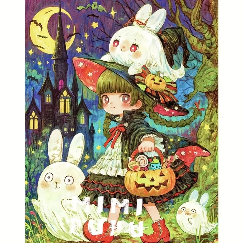Diamond Painting Charming Witch And Ghost Under A Cartoon Moon Full Round/Square Diamonds Mosaic Art Exquisite Gift Home Decor