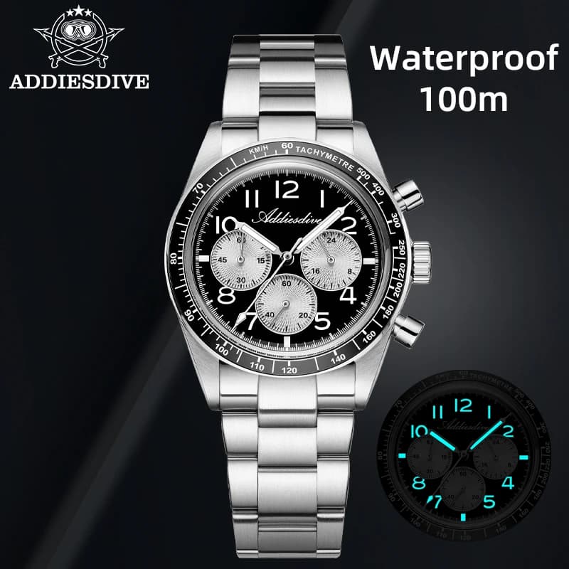 ADDIESDIVE AD2543 Orologio cronografo al quarzo di lusso da uomo 37mm con lunetta in ceramica 100M impermeabile BGW9 Tachimetro luminoso Sport