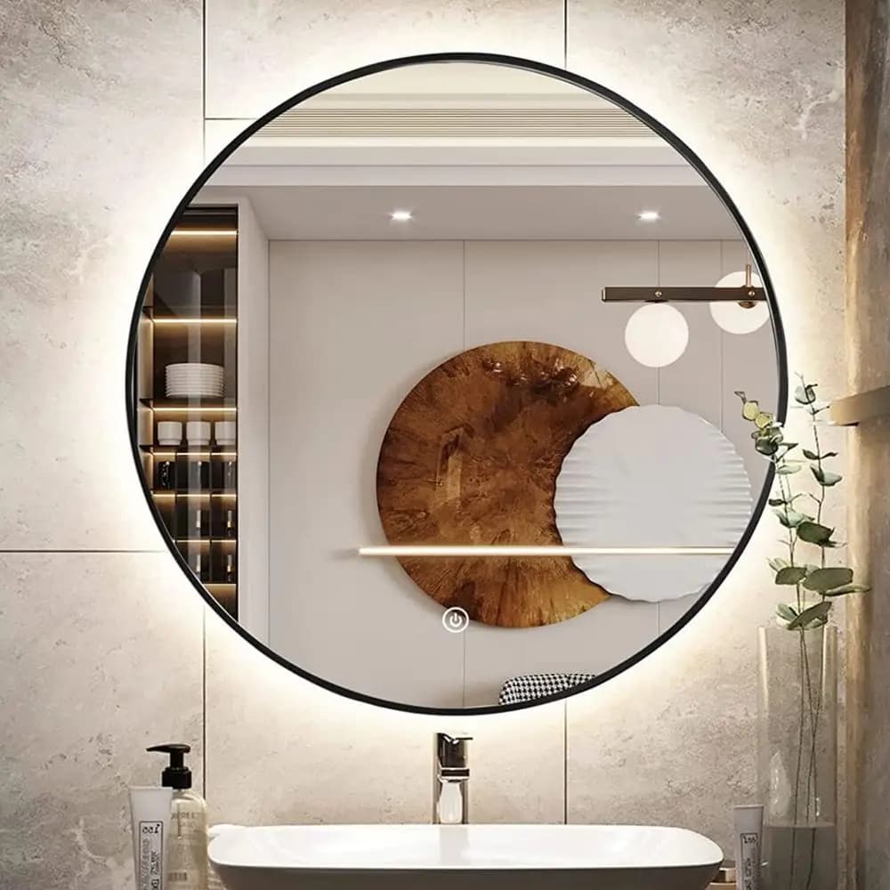 Specchio da Bagno LED Retroilluminato da 32 Pollici, Specchio Rotondo da Parete per Trucco e Rasatura con 45° di Inclinazione ° Design in metallo smussato, impermeabile HD ed elegante