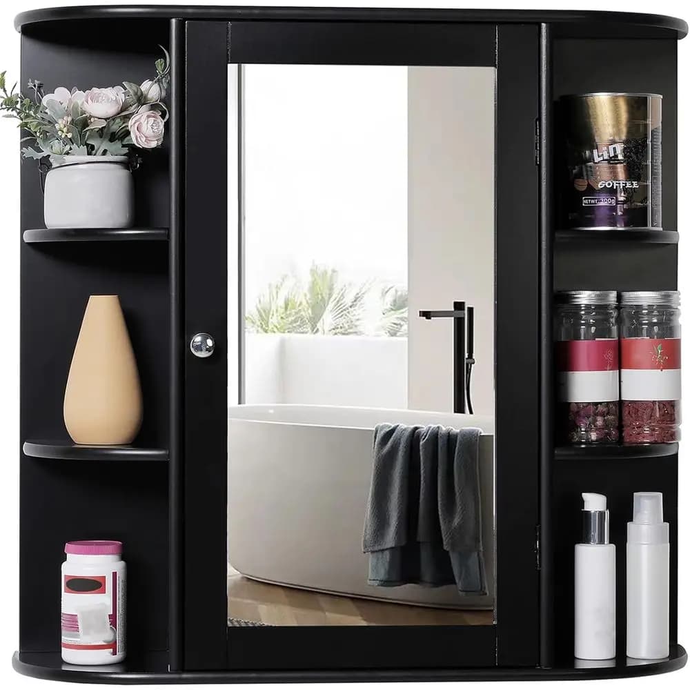 Mobiletto da Bagno Nero a Parete con Specchio, 2 Ripiani Regolabili e 6 Ripiani Aperti, per Stoccaggio Sopra il WC