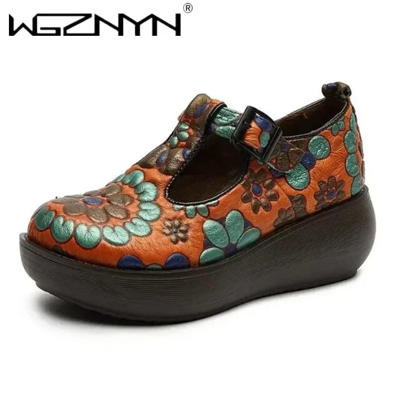 2025 New Fashion Luxury Genuine Leather Pumps Women Shoes Print Spring Autumn Retro Buckle Strap High Heels Ladies Sneakers Shoe