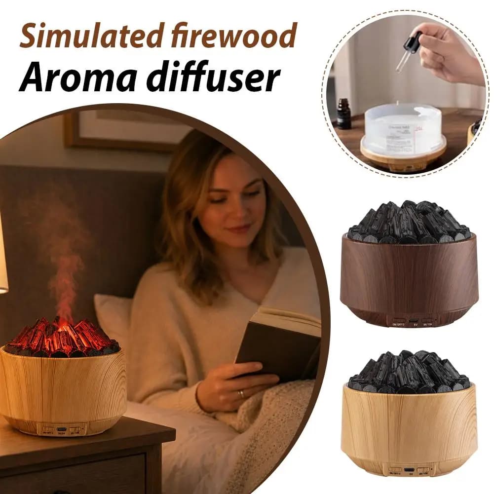 Charcoal Fire Flame Effect Humidifier Ultrasonic Aromatherapy Diffuser Wood Grain Desktop Mist Humidifier With Night Light