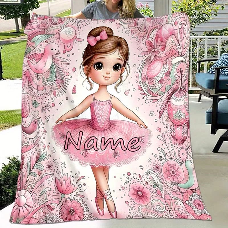 Personalized custom name blanket with cute ballet princess design, lightweight and comfortable, suitable for all seasons