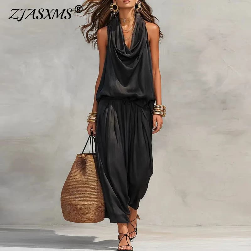 Sexy Off Shoulder Halter Ruched 2 Piece Set Woman Summer Sleeveless Top Pullover & Wide Leg Trousers Suit Spring Vacation Outfit