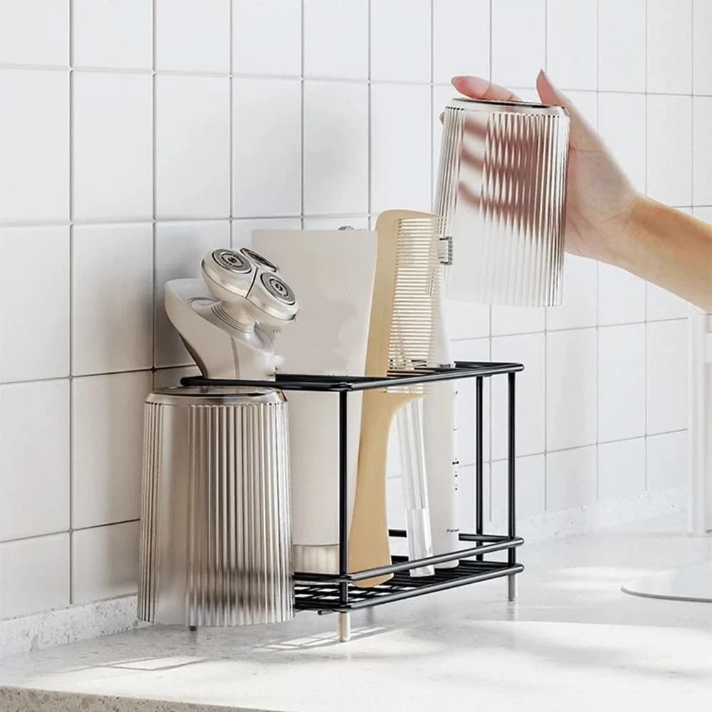 Portaspazzolini Multi-Slot in Acciaio al Carbonio con Portabicchieri, Organizzatore da Bagno Antiruggine Antiscivolo, Supporto per Spazzolino Elettrico