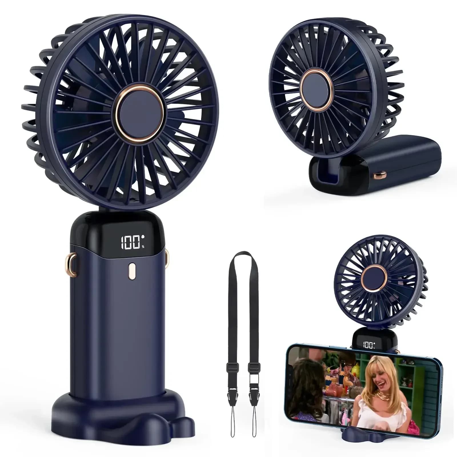 5000 mAh Portable Mini Fan Phone Support Fan with Wireless USB Rechargeable Digital Display Foldable 5 Speed Neck Fans