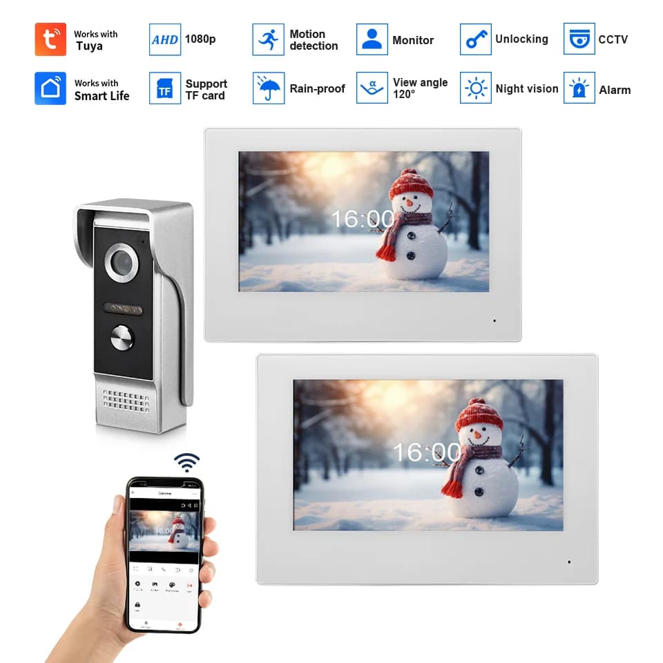 TUYA APP 1080P Videocitofono Sistema Smart HD Wireless WiFi Videocitofono Campanello Porta 1-2 Camere Touch Monitor Con Visione Notturna