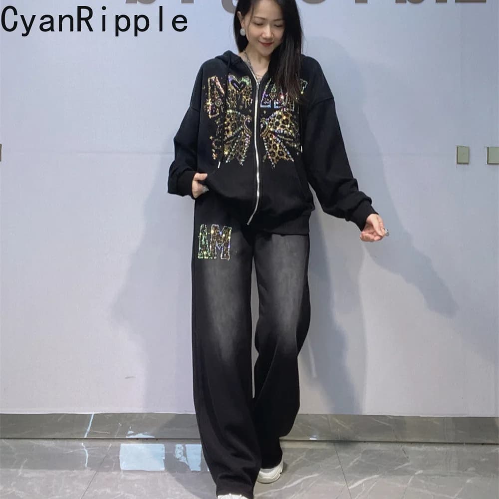 Trendy Autumn Winter Women Hoodie Set Luxury Hot Diamonds Hooded Zip Cardigans Coat + Elastic Waist Casual Wide Leg Sports Pants