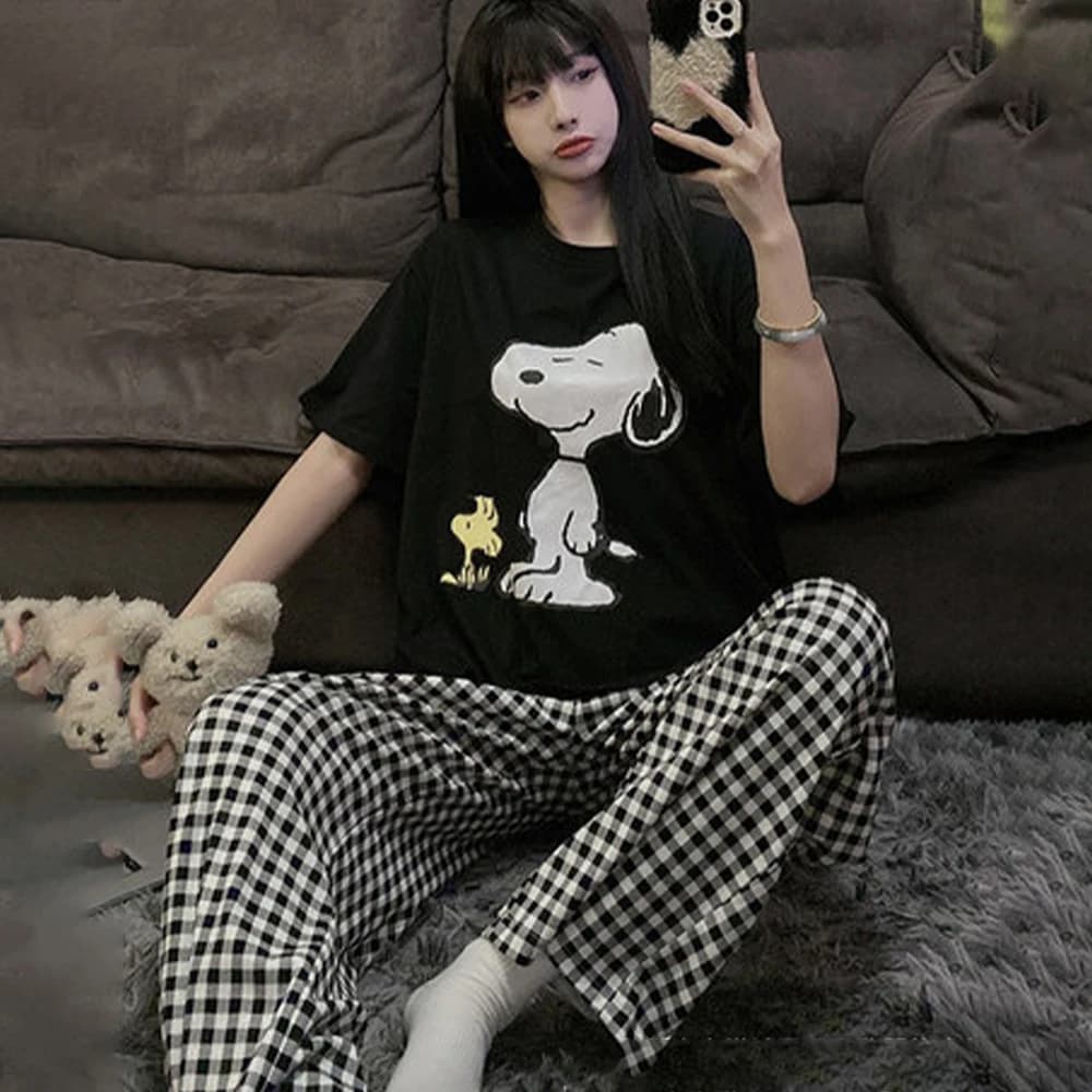 Cartoon Peanuts Snoopy Women Pajama Set Black Short Sleeve Print T Shirt Black White Plaid Pants Soft Loose Loungewear Sleepwear