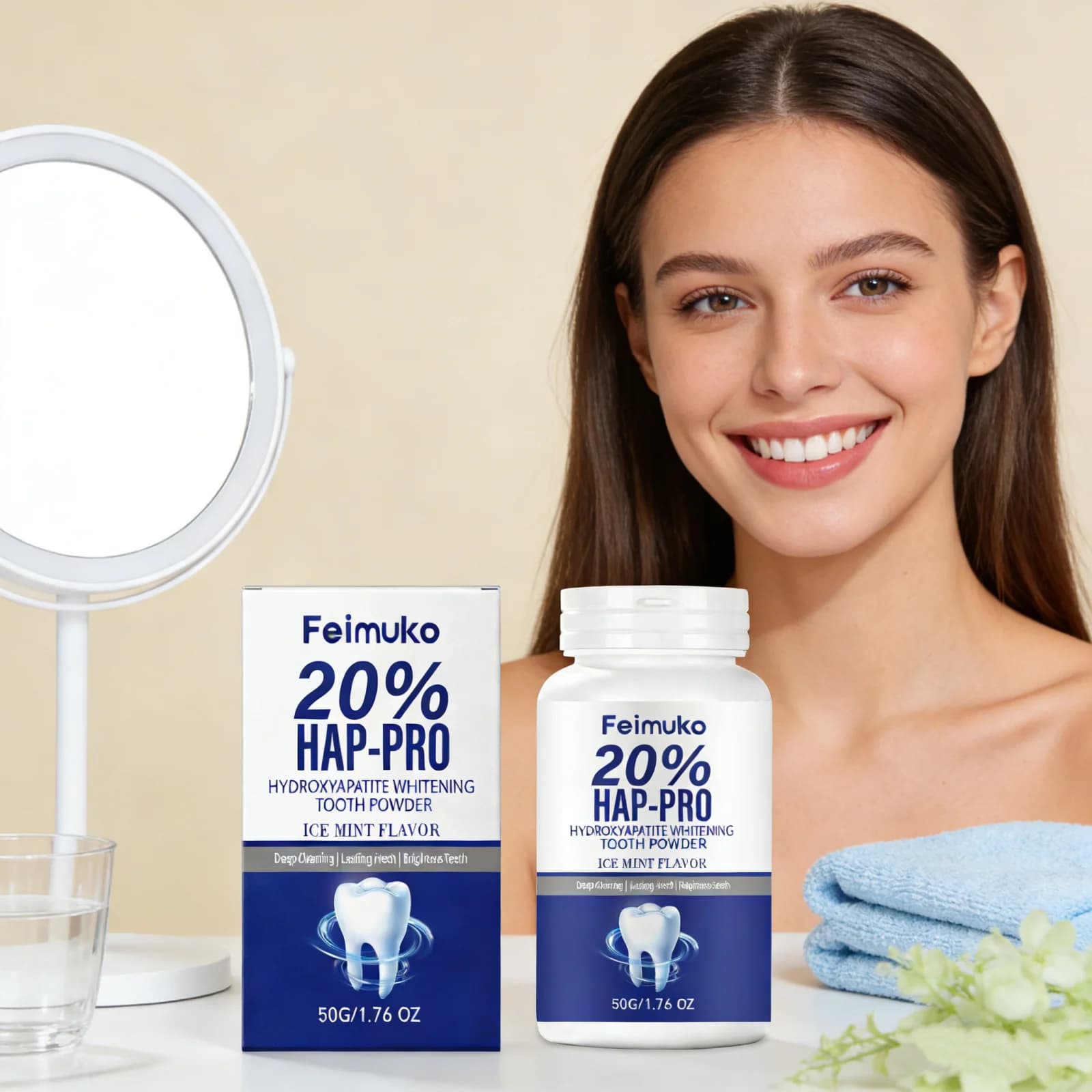Instant teeth whitening powder 20% HAP-PRO Deep cleansing Removes tartar stains Repair nail polish Gentle whitening powder to taste chilled mint