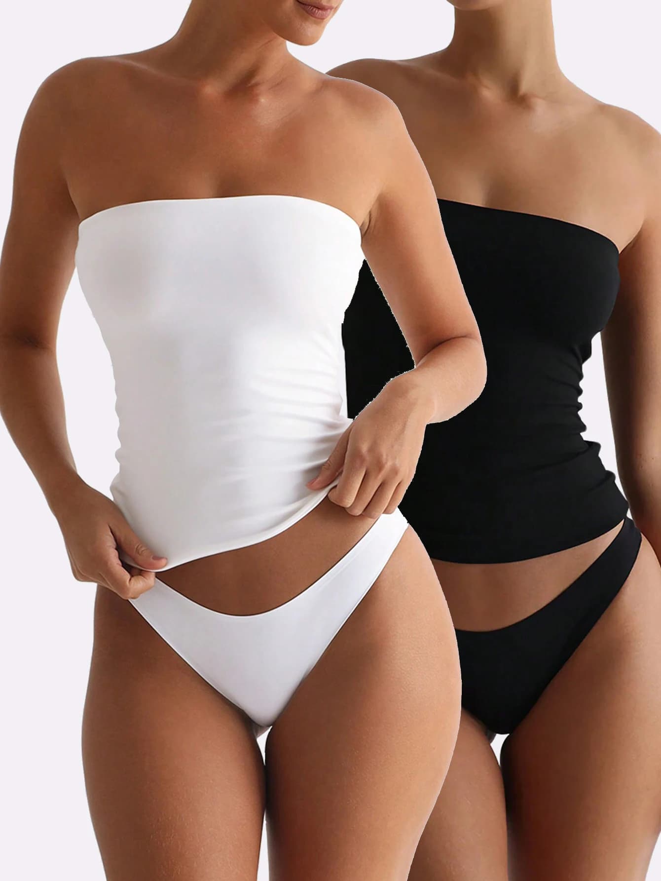 Solid Sleeveless Tube Top Briefs Set Women Stretch Ruched Strapless Camisole High Cut Bikini Loungewear Two Piece Outfit