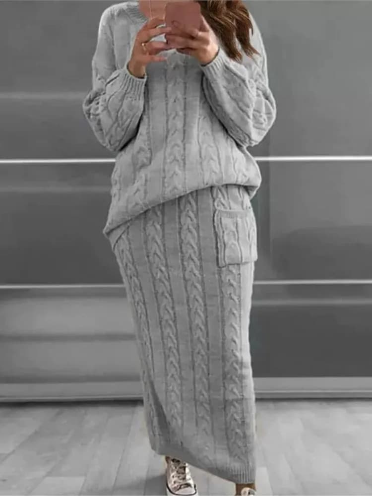 Set di maglioni lavorati a maglia di moda per le donne Casual manica lunga O collo Pullover Top + Gonna Set da 2 pezzi Lady Holiday Abbigliamento donna Nuovo