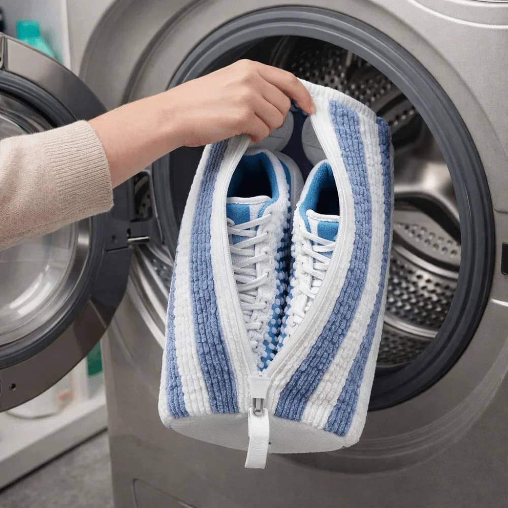 Bag for washing polyester shoes, soft and protective, with locking buckle and zipper, cylindrical, for sneaker