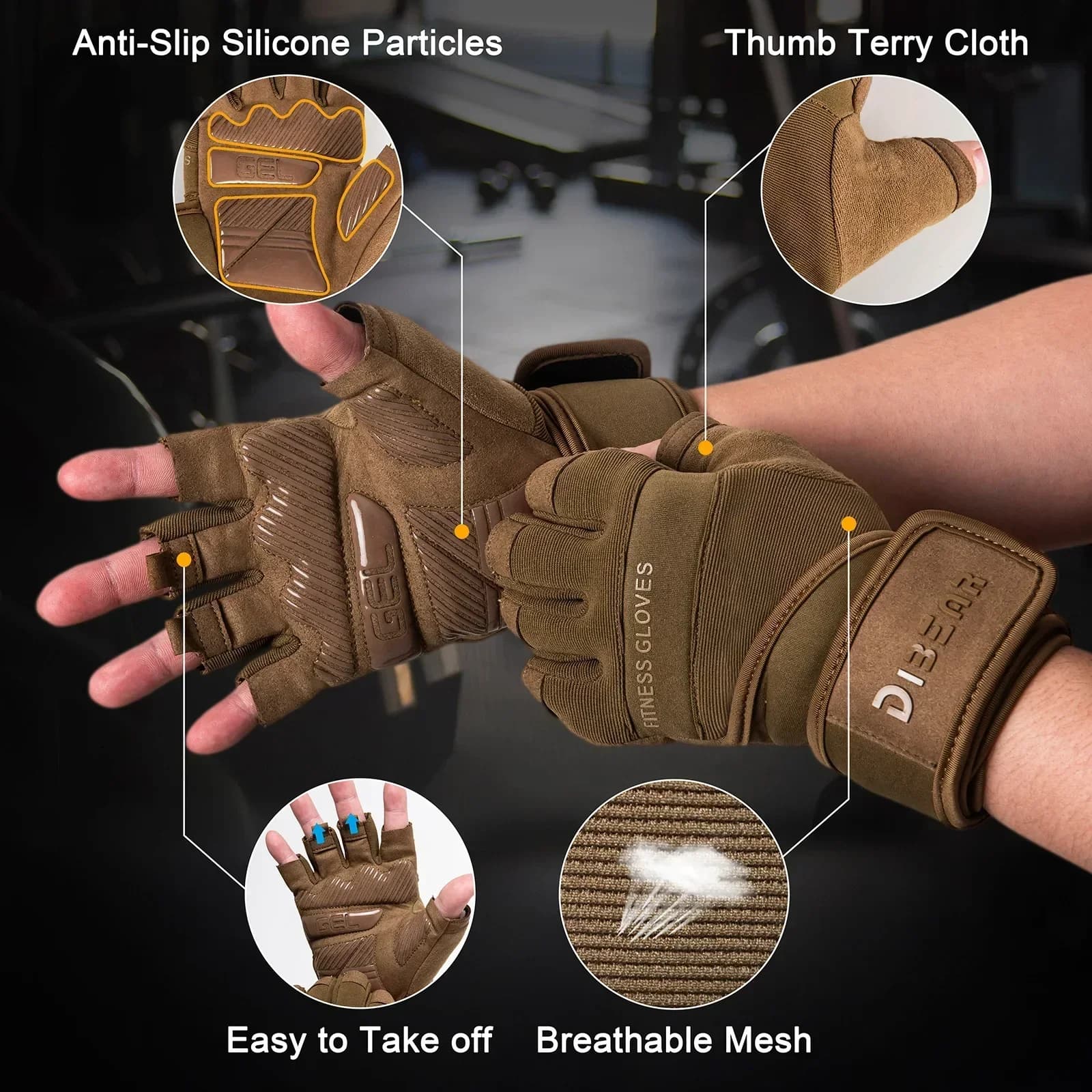 Gym Gloves for bodybuilding anti-slip with half fingers, weight lifting, dumbbells, workout, fitness, crossfit, men's training
