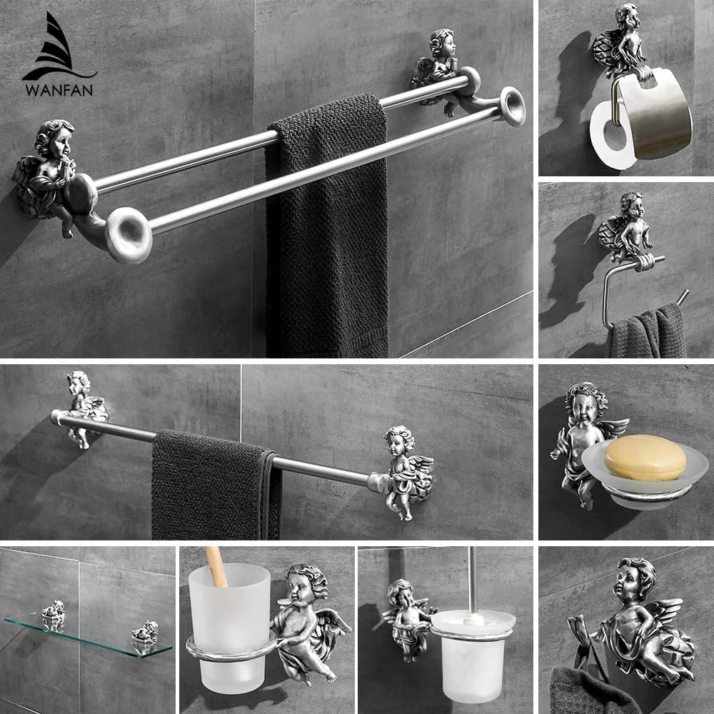 Silver Bathroom Accessories Sets Toilet Tissue Roll Paper Holder Towel Rack Bar Rail Ring Robe Clothes Hook Hardware MB-0782T