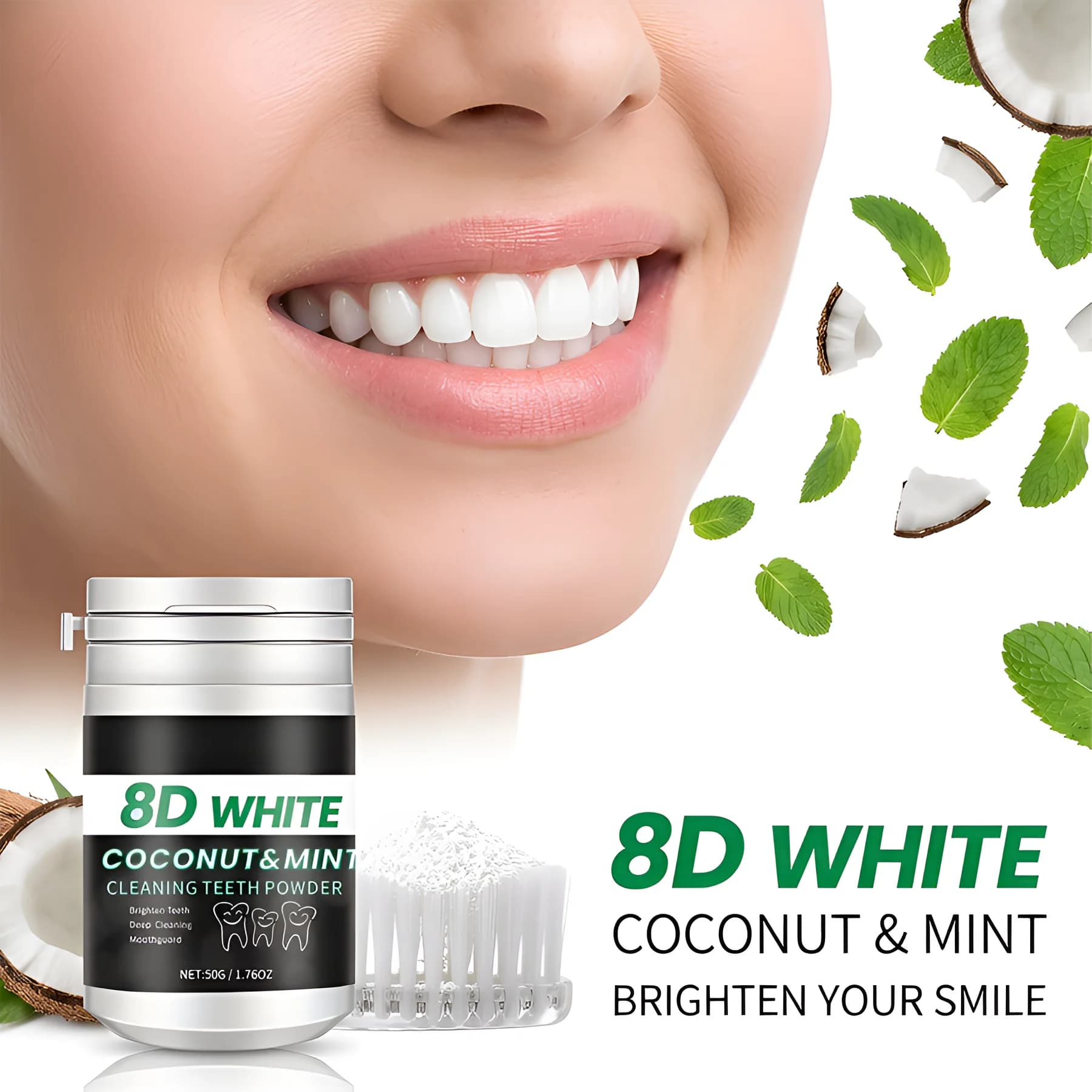 Polvere sbiancante per denti 8D al carbone vegetale – Cocco e Menta, Pulizia profonda, Sbianca i denti, Compatibile con paradenti, Alito fresco, Peso netto 50g