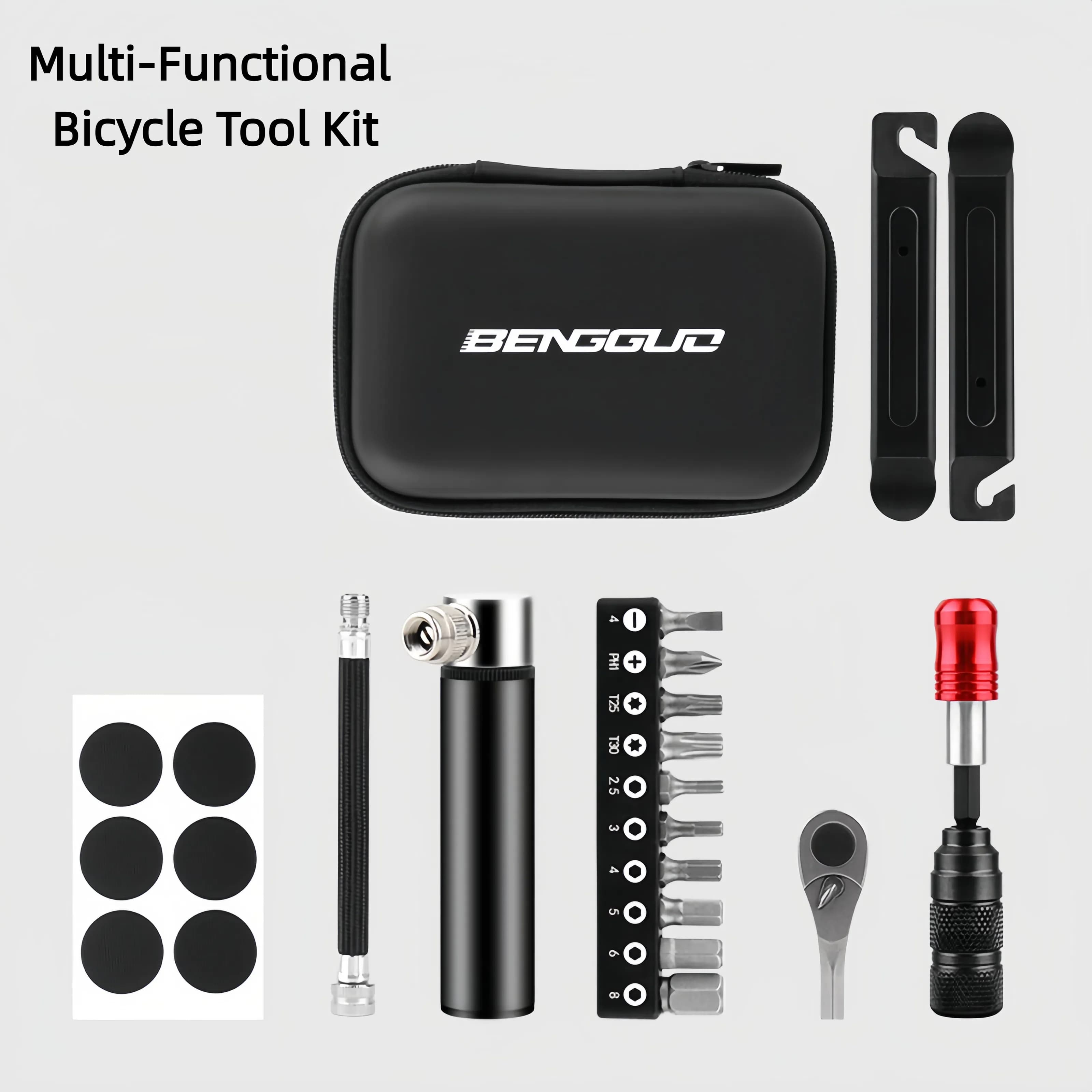 Kit di attrezzi per la riparazione di biciclette, set multi-utensile portatile, cacciavite a cricchetto, pompa, leva per pneumatici per MTB e bici da strada
