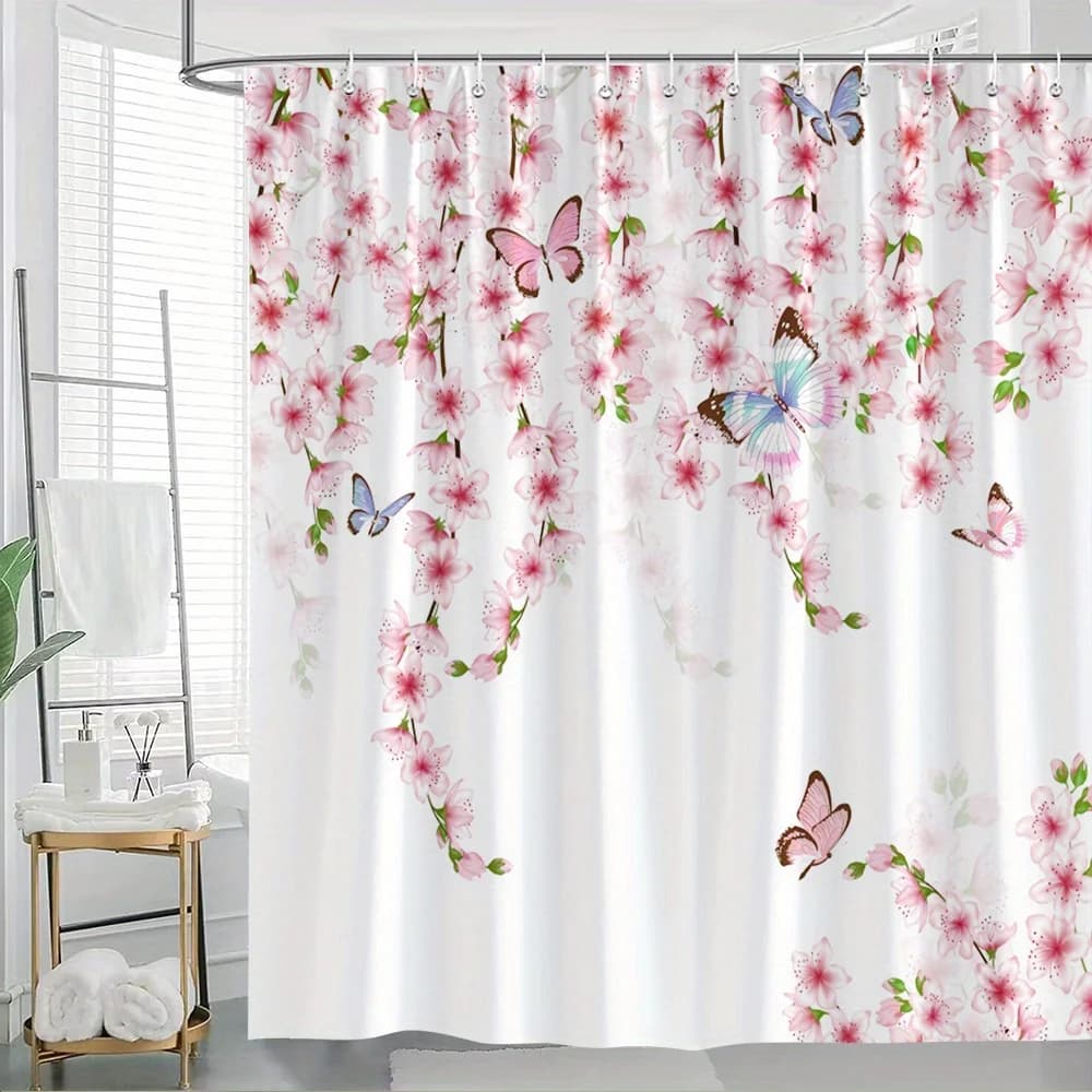 1 tenda da doccia rosa Sakura Butterfly - bianca con motivo floreale rosa e blu, tessuto in poliestere, lavabile in lavatrice