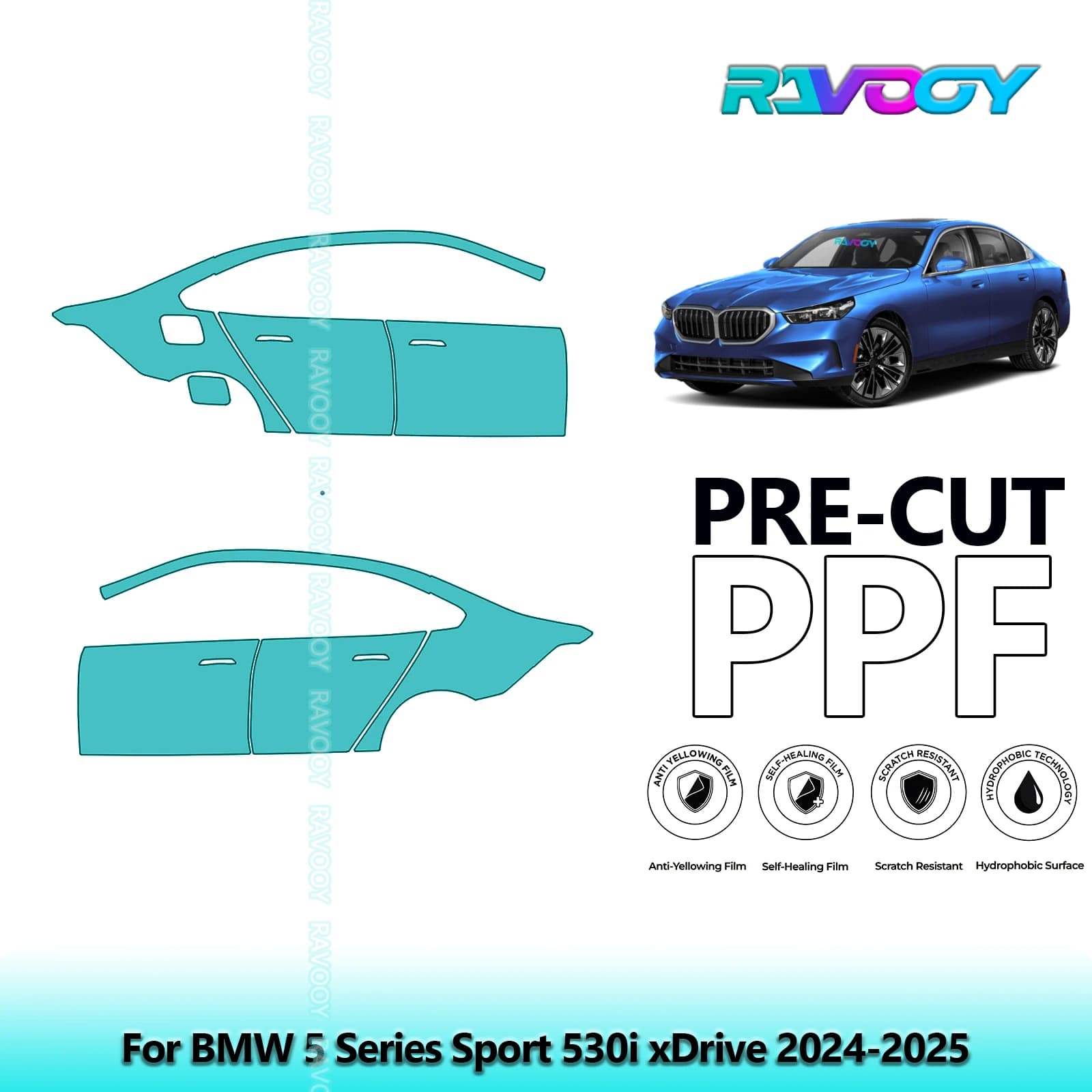 For BMW Series 5 Sport 530i xDrive 2024-2025 8.5mil Transparent Pre-Cut PPF Door and Pillar A/B Kit TPU Paint Protection Film Set