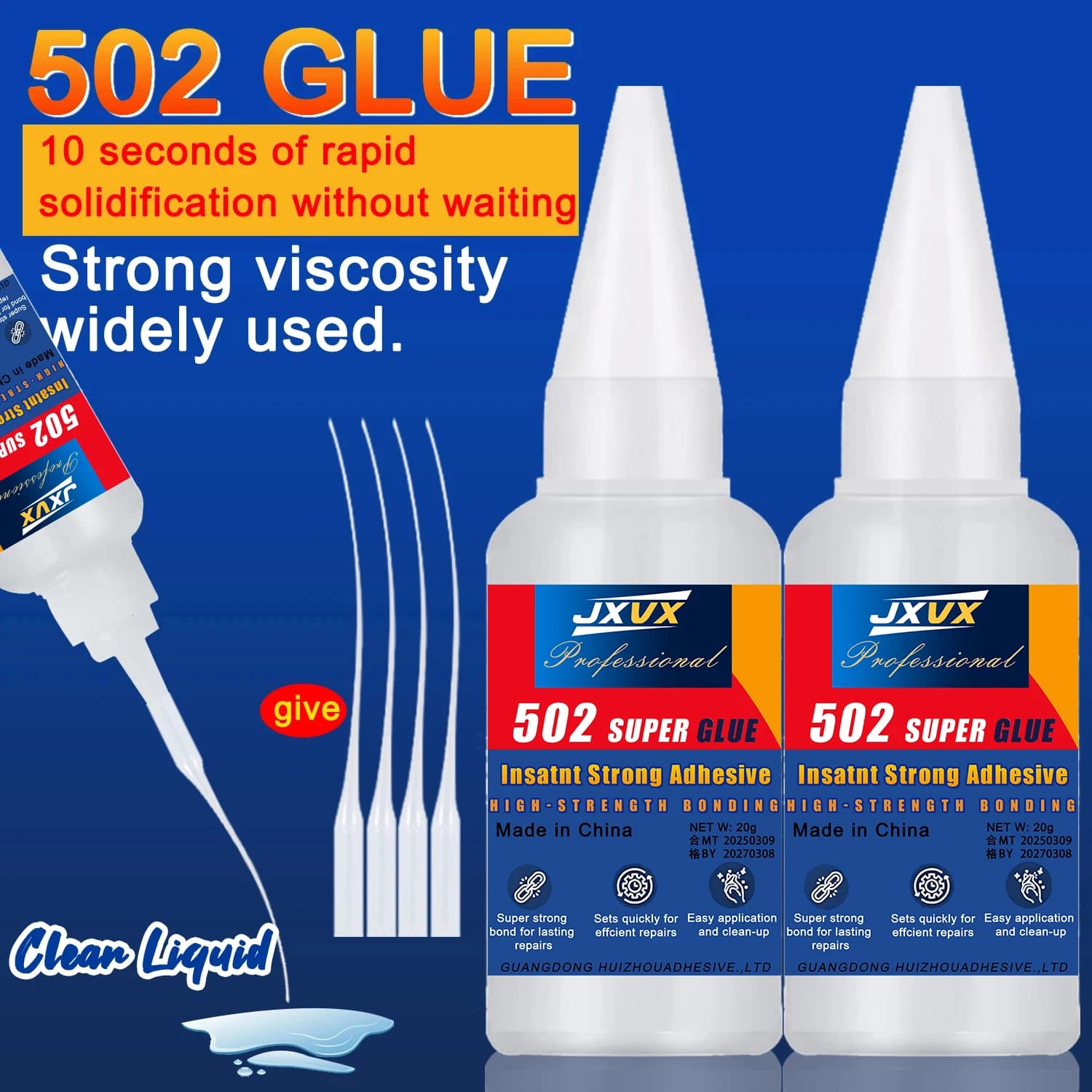 JXVX 1-5 pieces Super glue 502 high strength quick drying cyanacrylate adhesive for skin, rubber, wood, metal High strength liquid glue tool With precision distributor.