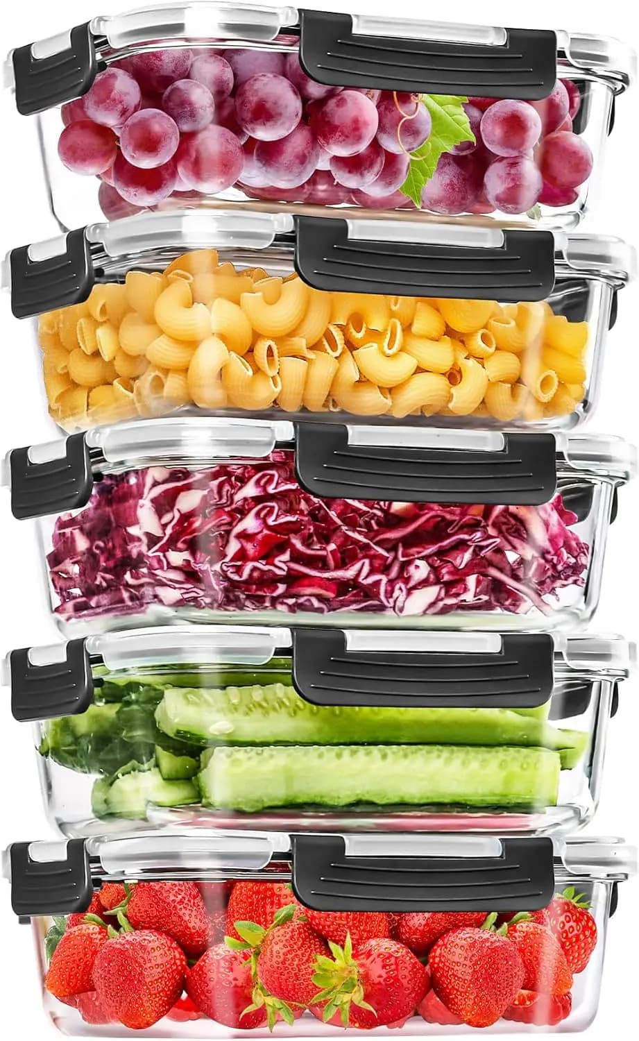 Set of 5 36OZ Glass Containers for Foods with Covers, Airtight for Lunch Preparation, Suitable for Freezer to Oven
