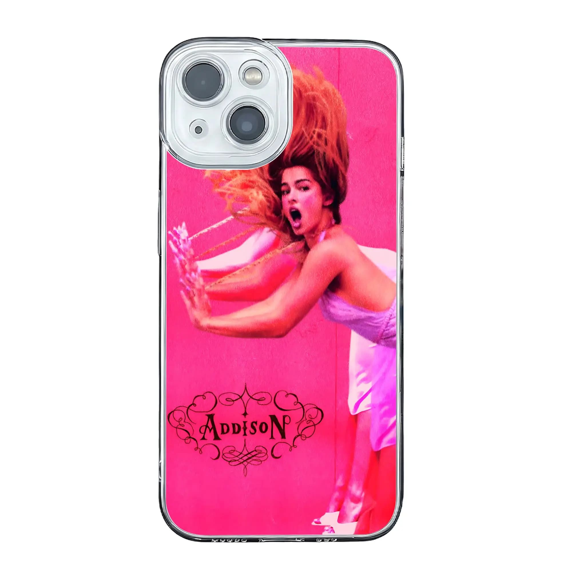 Cover anti-collisione per iPhone 17 16 15 14 13 12 11 Pro Max con motivo Addison Rae in abito rosa