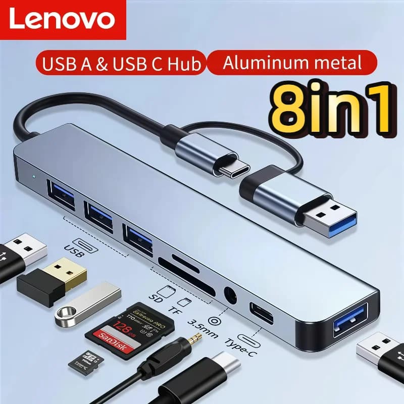 Docking Station Lenovo 8in1 USB C Type C HUB con adattatore jack audio per lettore di schede Micro SD, convertitore di dischi per laptop, tablet, telefono